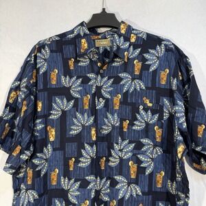 vintage short sleeve button up hawaiian Shirt Blue With Cocktails Floral Print L